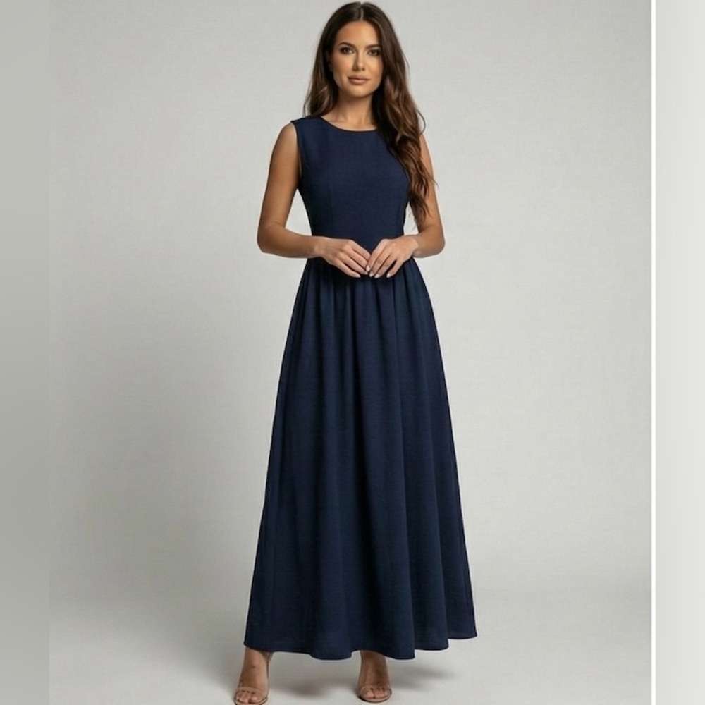 Gathered-Waist A-Line Maxi Dress With Pockets Blue - Picture 2 of 7